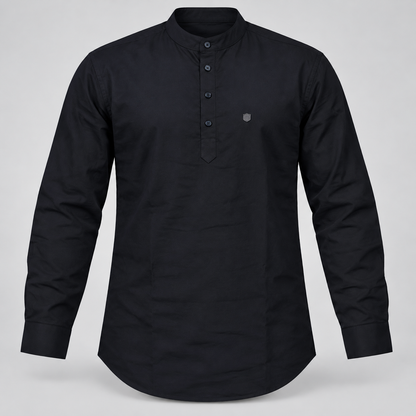 Black band collar half placket full sleeve shirt, dimensional product-only front view