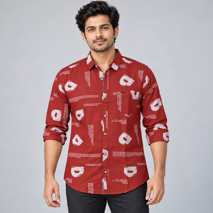Letter Print Full Sleeve Pocket Shirt - Brick Red