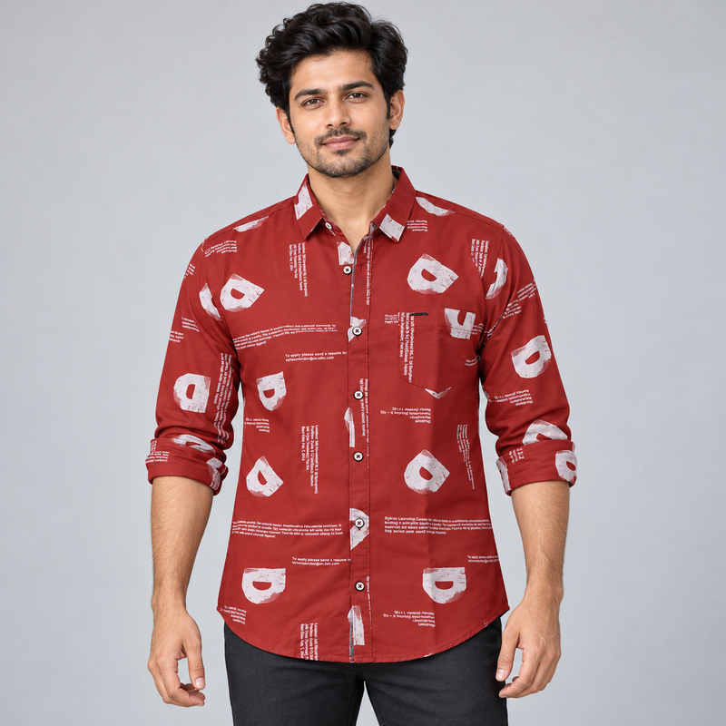 Letter Print Full Sleeve Pocket Shirt - Brick Red