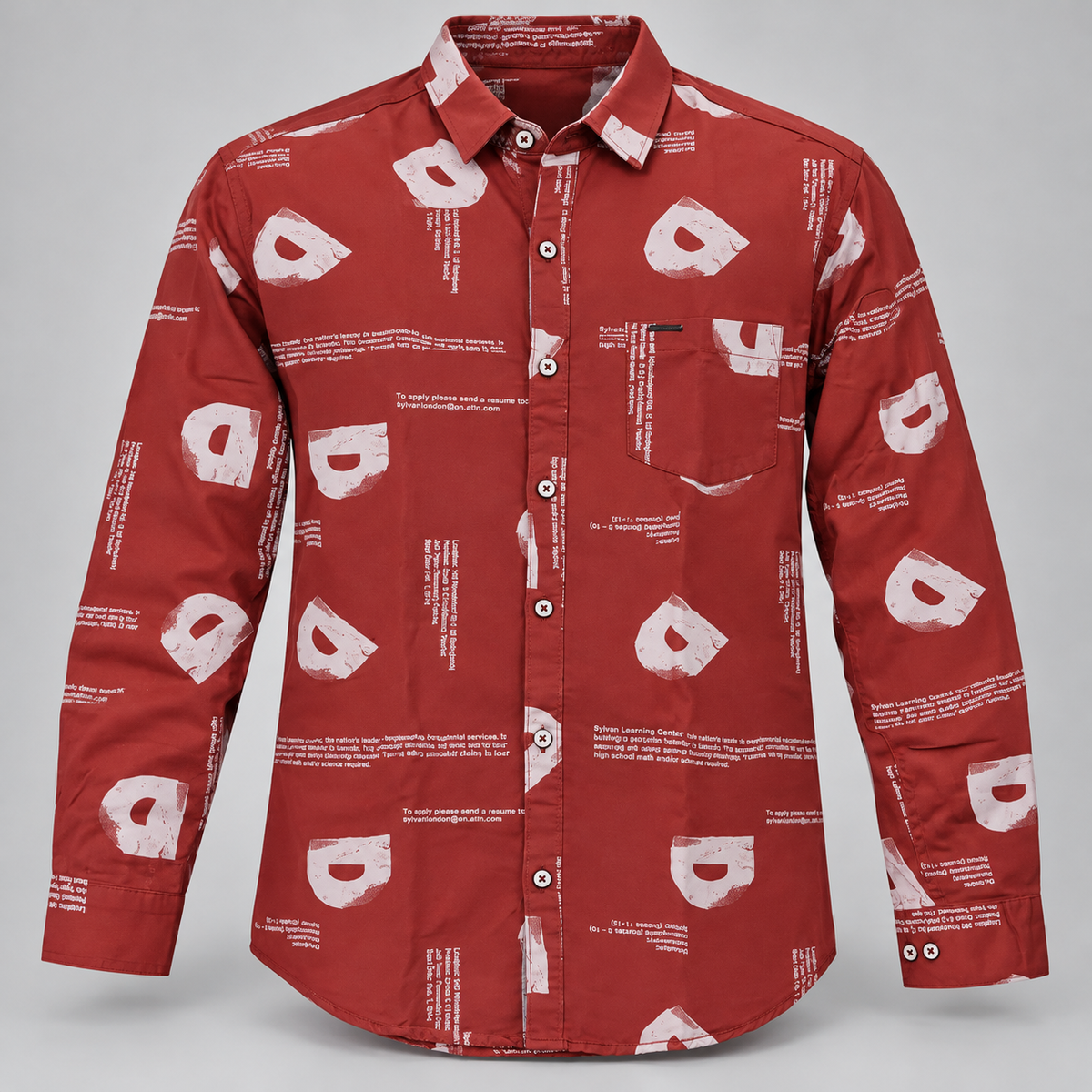 Brick red letter print full sleeve pocket shirt, dimensional product-only front view