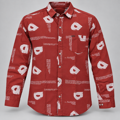 Brick red letter print full sleeve pocket shirt, dimensional product-only front view