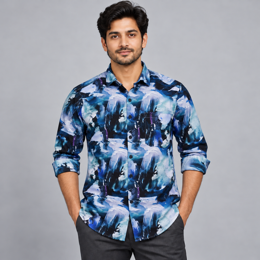 Navy teal abstract brush print full sleeve pocket shirt, on an adult model, front view