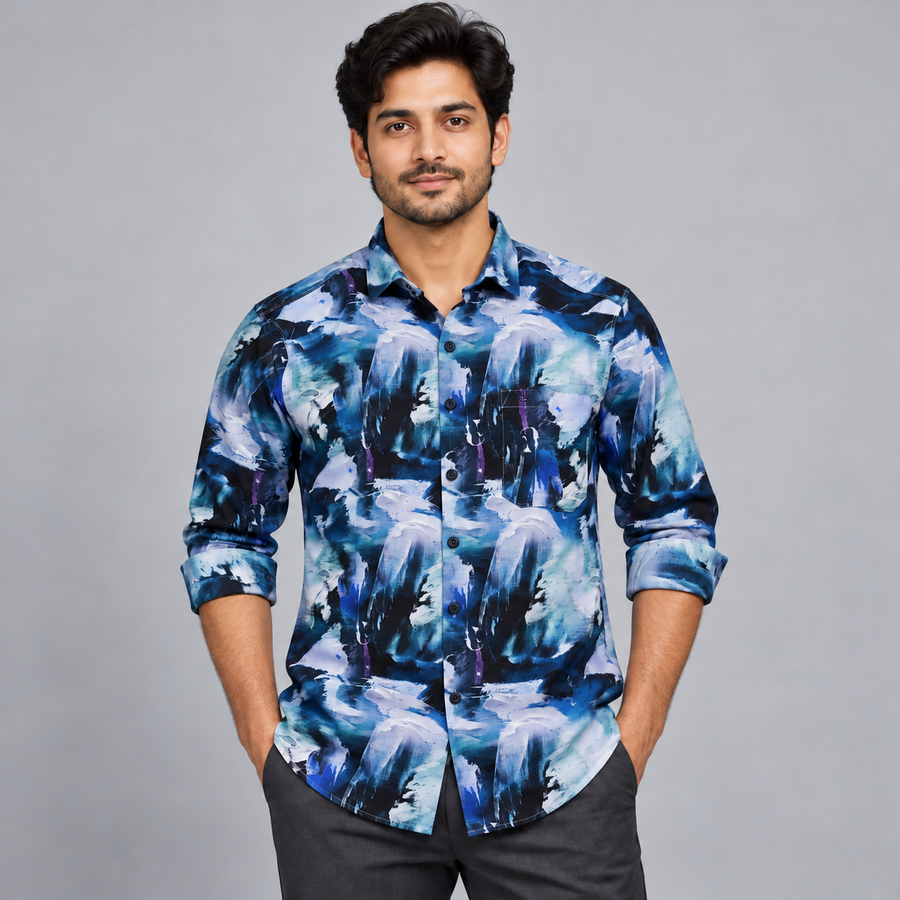 Navy teal abstract brush print full sleeve pocket shirt, on an adult model, front view
