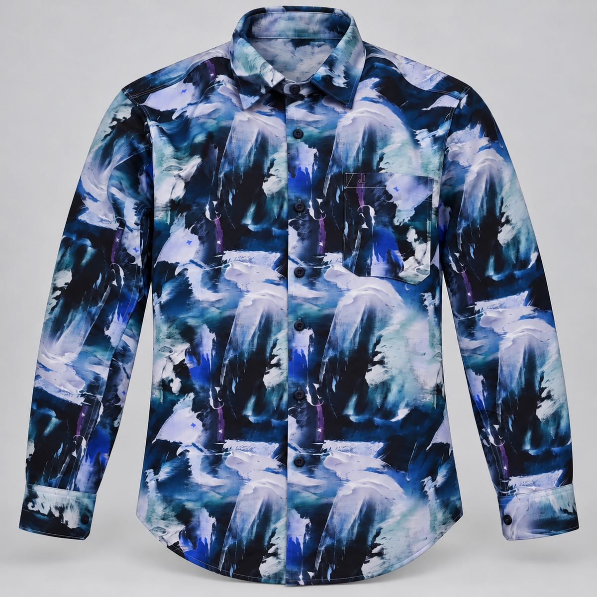 Navy teal abstract brush print full sleeve pocket shirt, dimensional product-only front view