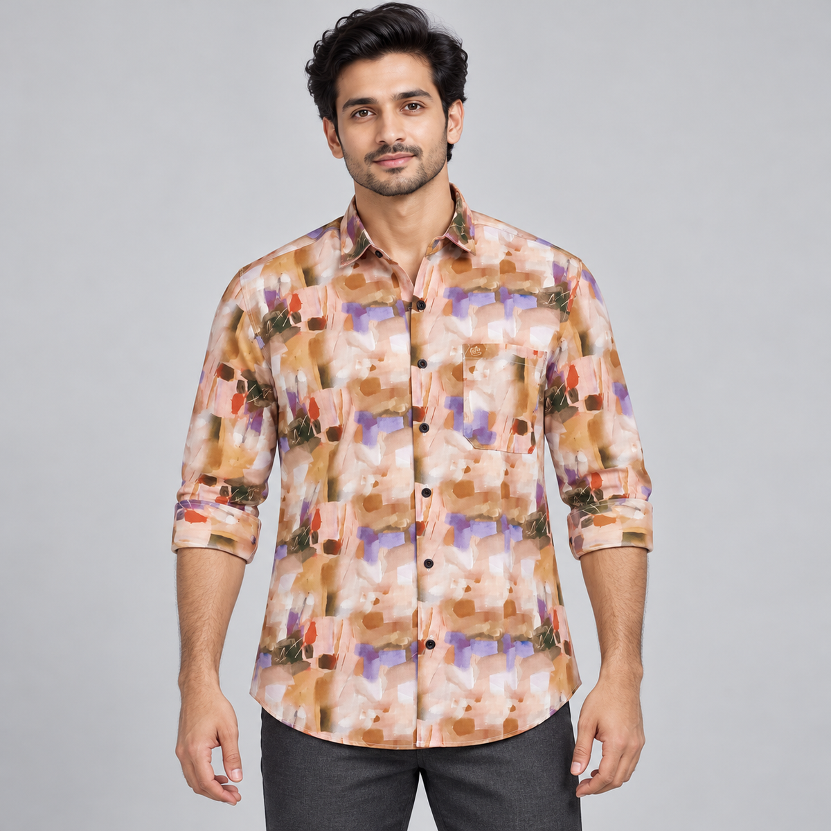 Peach lilac painterly print full sleeve pocket shirt, on an adult model, front view