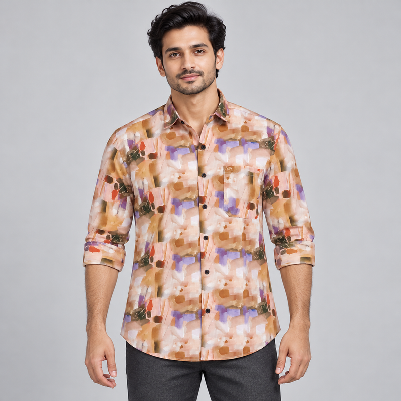Painterly Print Full Sleeve Pocket Shirt - Peach Lilac