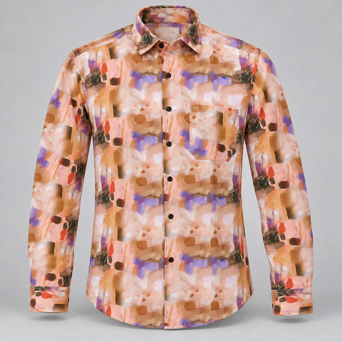 Peach lilac painterly print full sleeve pocket shirt, dimensional product-only front view