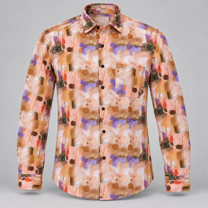 Peach lilac painterly print full sleeve pocket shirt, dimensional product-only front view