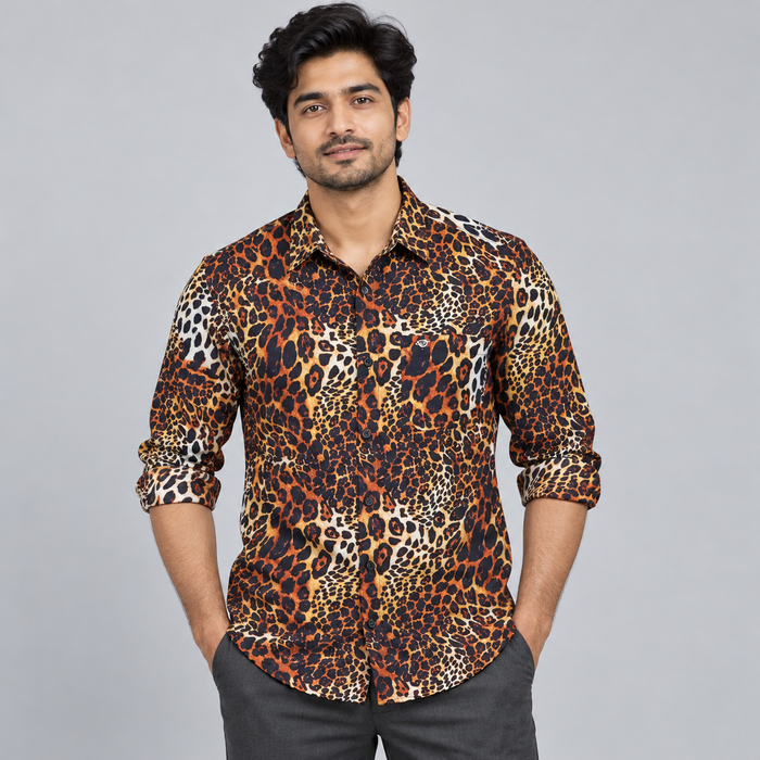 Leopard Print Full Sleeve Shirt - Orange Cream Black