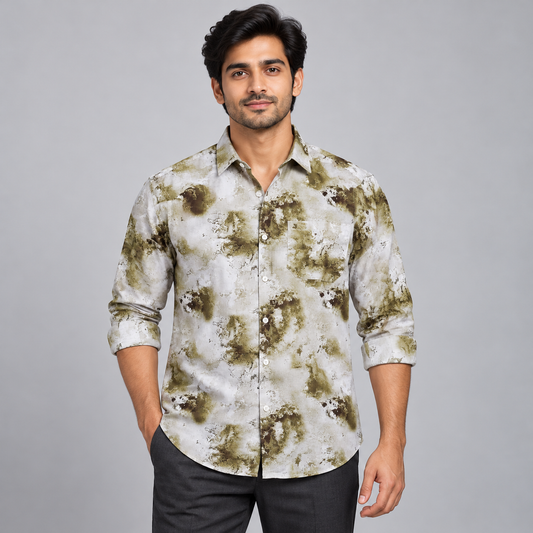 White olive mottled print full sleeve pocket shirt on an adult model, front view