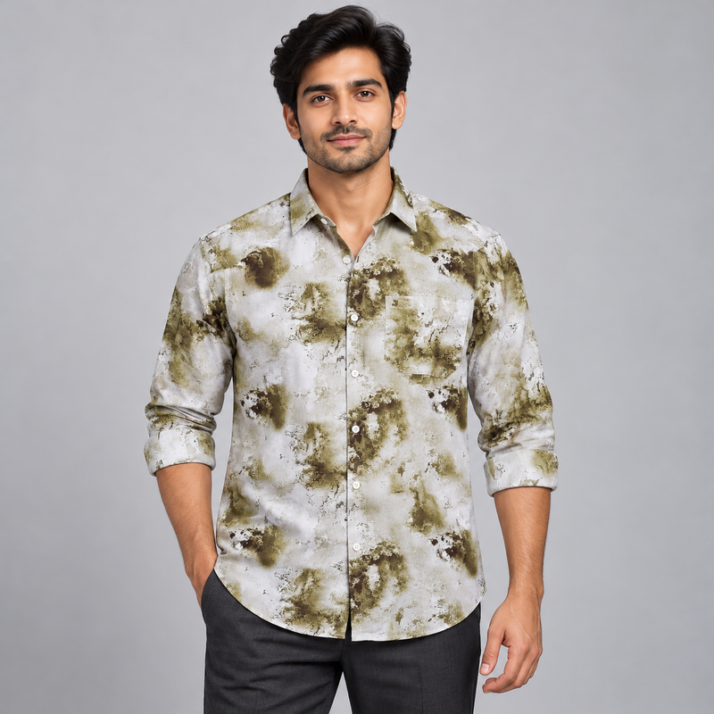 Mottled Print Full Sleeve Pocket Shirt - White Olive