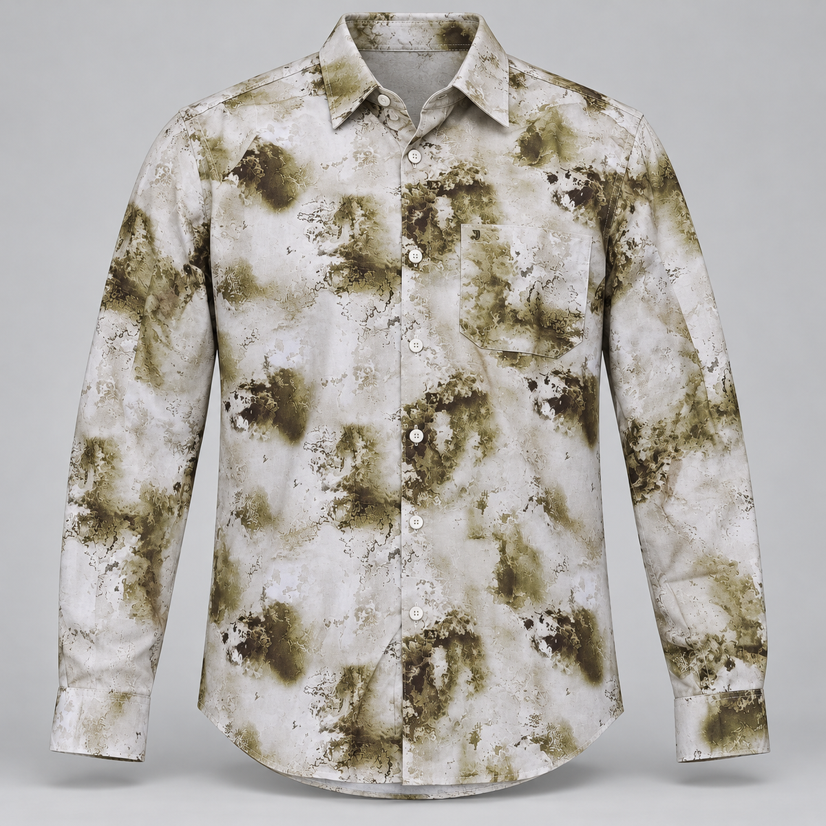 White olive mottled print full sleeve pocket shirt, dimensional product-only front view