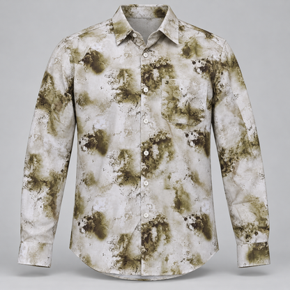 White olive mottled print full sleeve pocket shirt, dimensional product-only front view