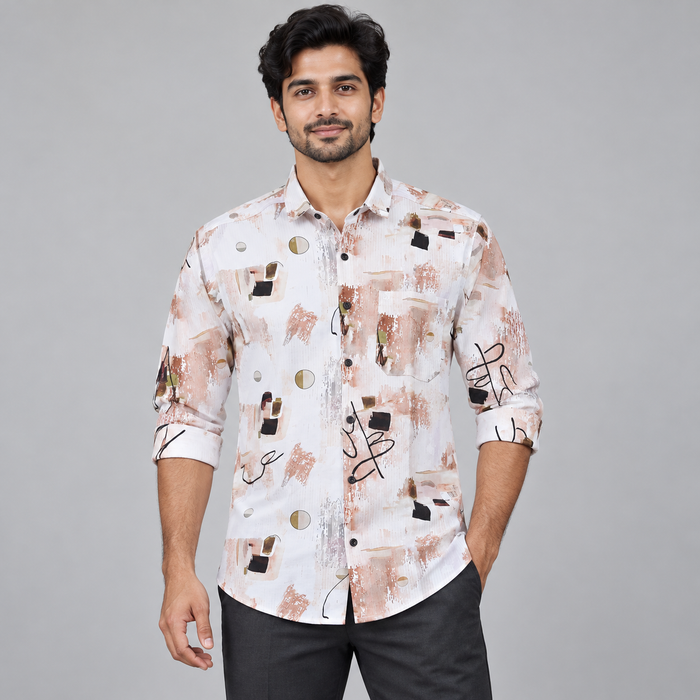 Geometric Brush Print Full Sleeve Pocket Shirt - White Blush