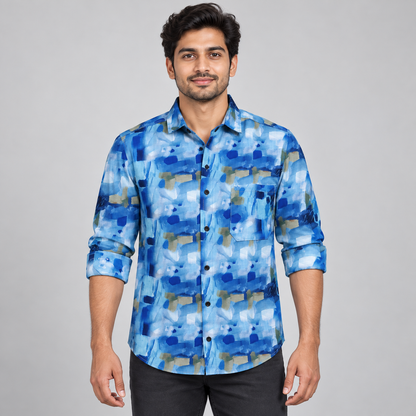Blue painterly block print full sleeve pocket shirt, on an adult model, front view