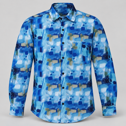 Blue painterly block print full sleeve pocket shirt, dimensional product-only front view
