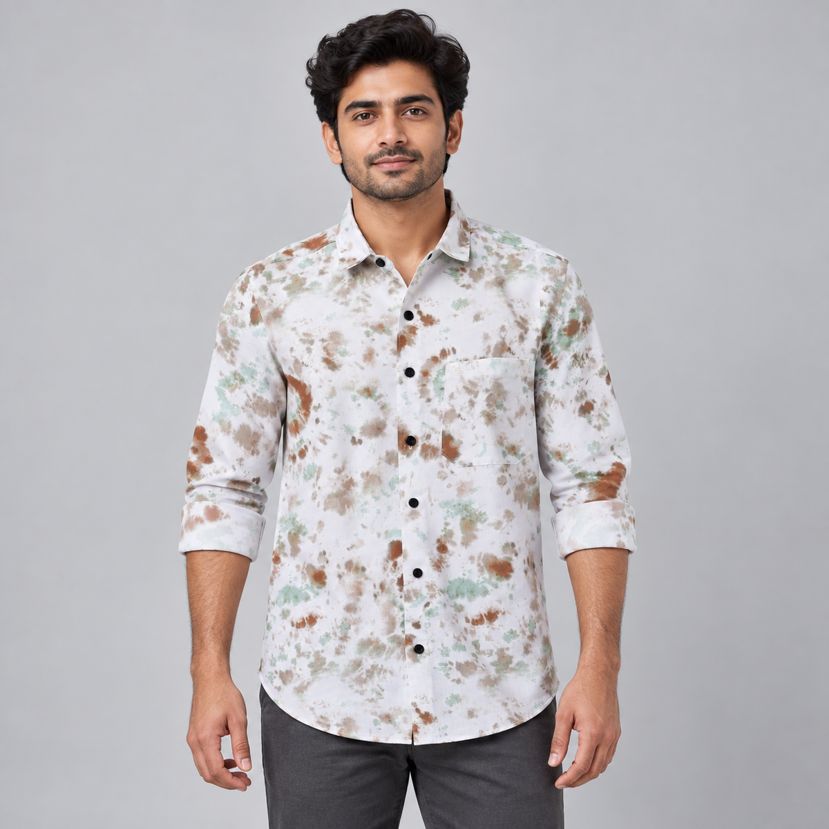 White mint brown mottled print full sleeve pocket shirt, on an adult model, front view
