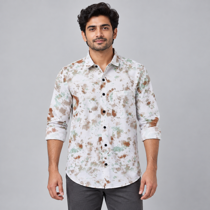 Mottled Print Full Sleeve Pocket Shirt - White Mint Brown