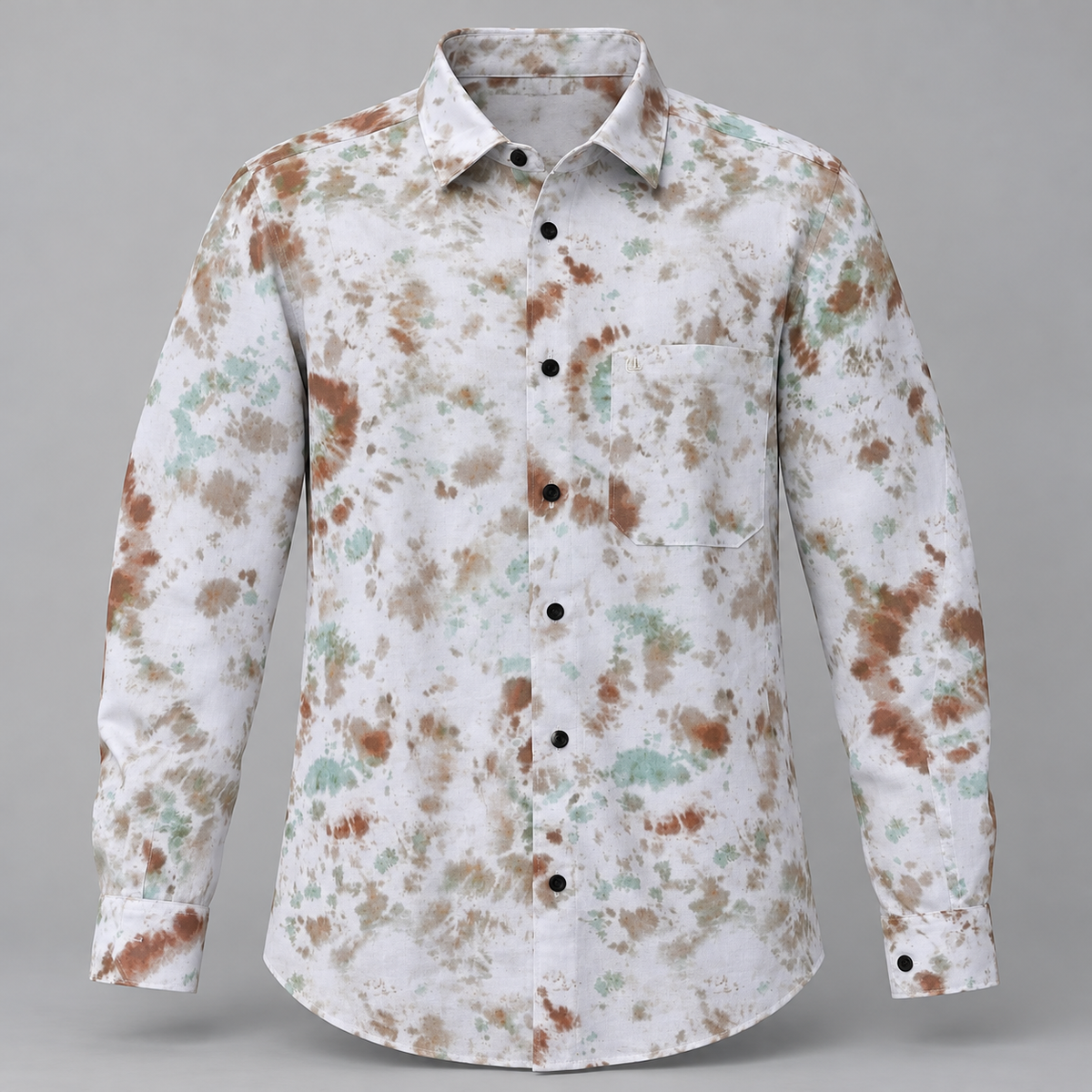 White mint brown mottled print full sleeve pocket shirt, dimensional product-only front view