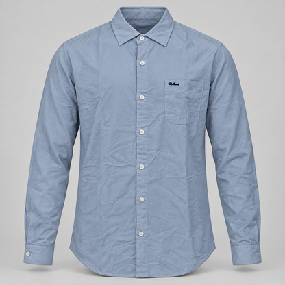 Light blue full sleeve shirt with small dark script pocket detail, dimensional product-only front view