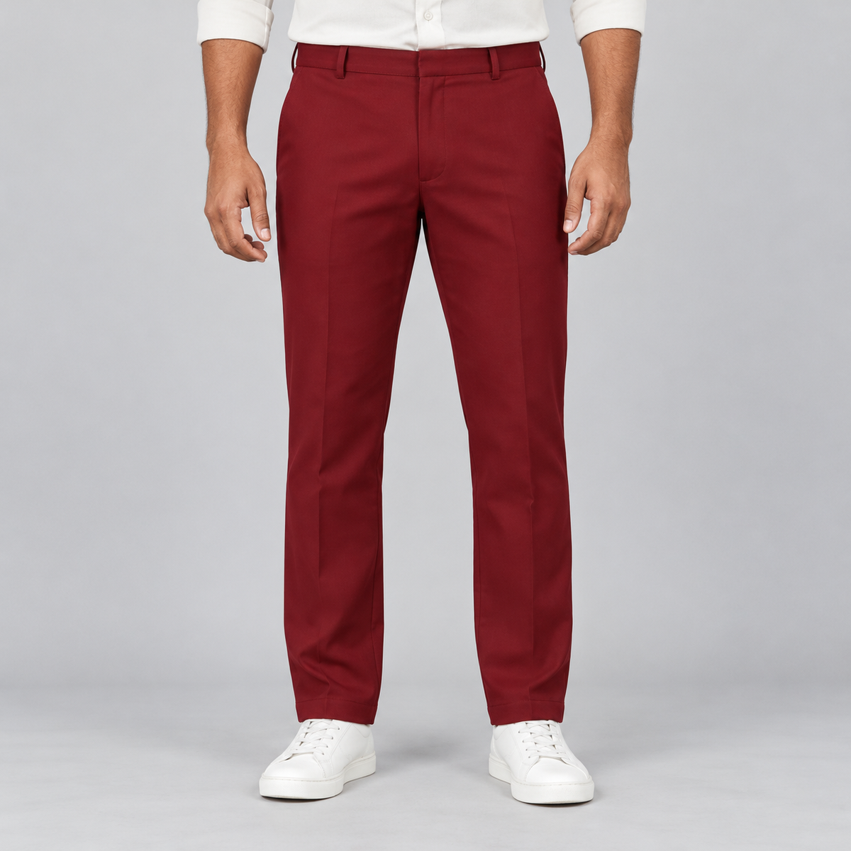 Plain Front Trousers - Red Wine — model wearing front