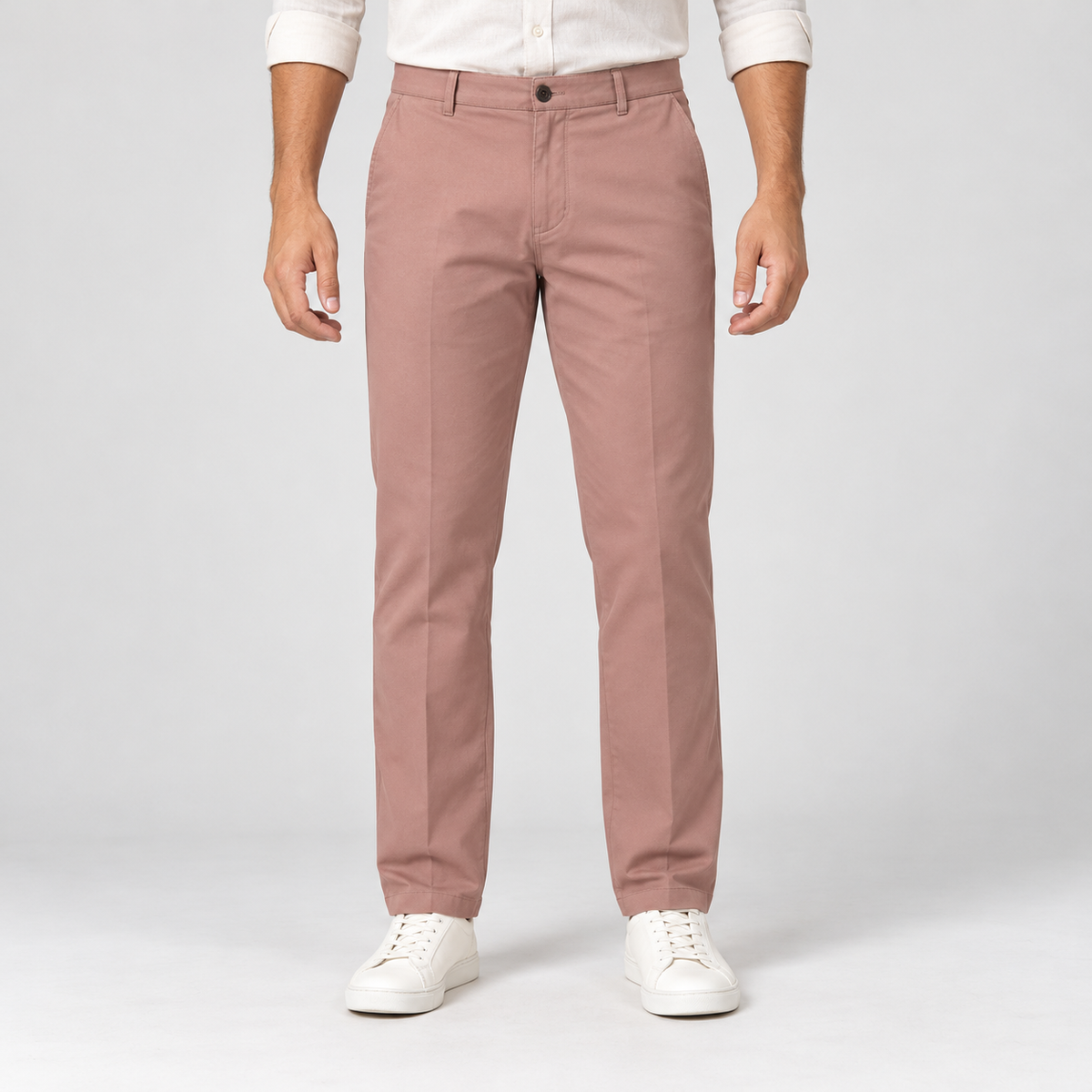 Plain Front Trousers - Dusty Pink — model wearing front