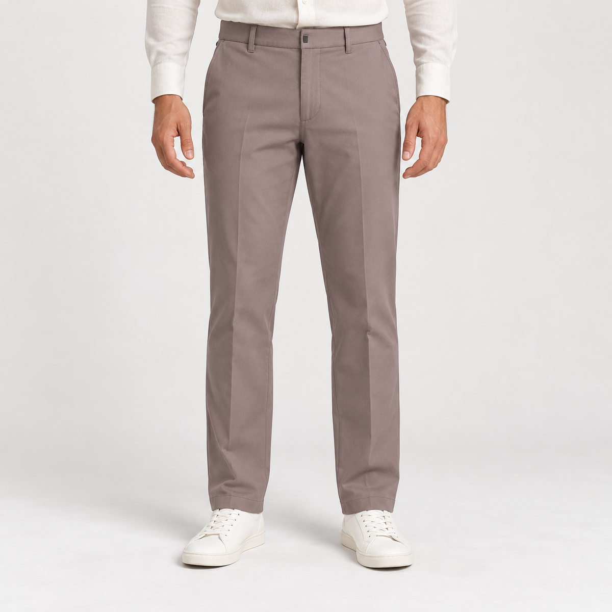 Plain Front Trousers - Taupe — model wearing front