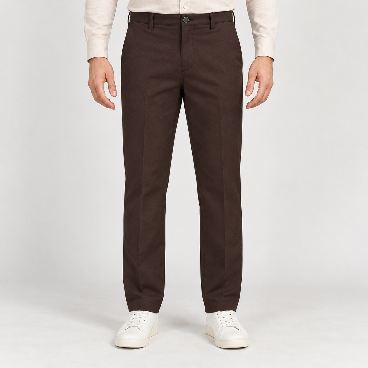 Plain Front Trousers - Dark Brown — model wearing front