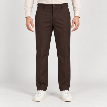 Plain Front Trousers - Dark Brown — model wearing front