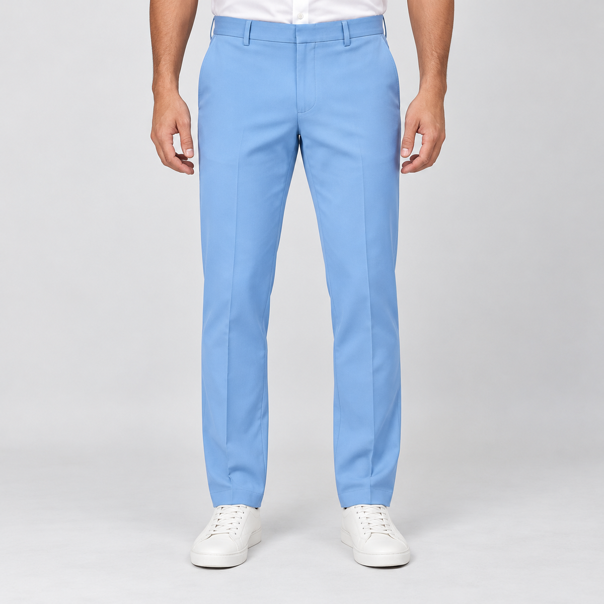 Plain Front Trousers - Sky Blue — model wearing front