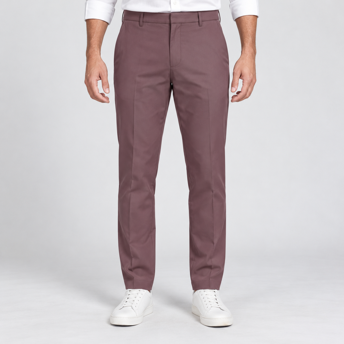 Plain Front Trousers - Mauve — model wearing front