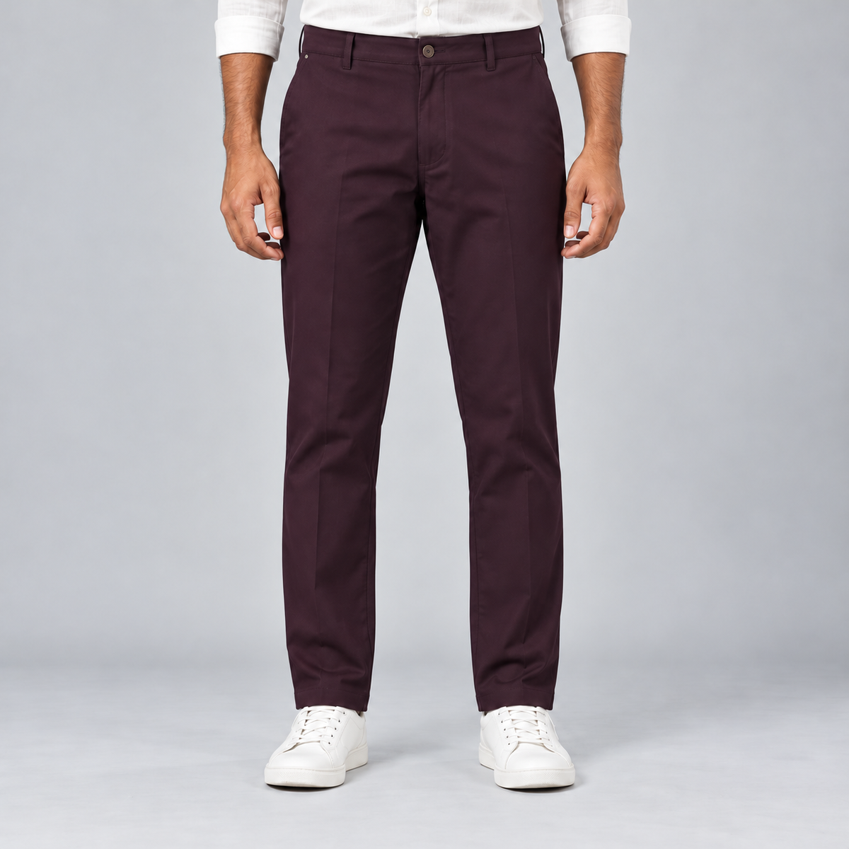 Button Waist Trousers - Deep Plum — model wearing front