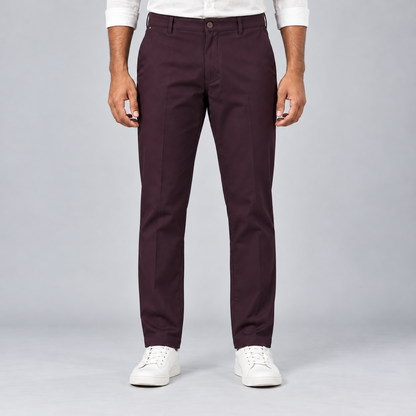 Button Waist Trousers - Deep Plum — model wearing front