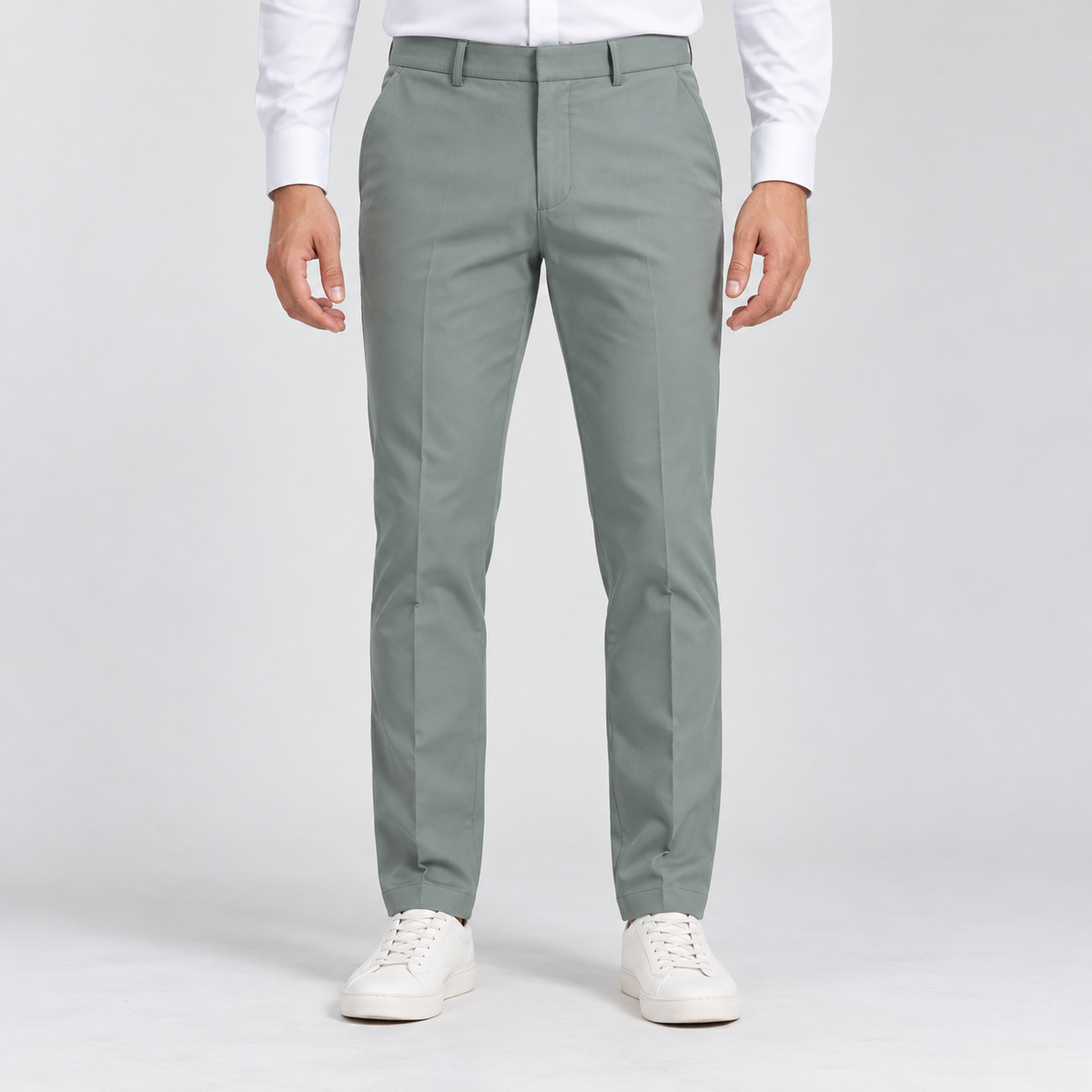 Plain Front Trousers - Sage Green — model wearing front