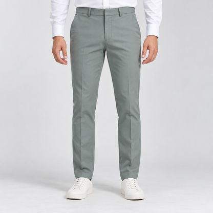Plain Front Trousers - Sage Green — model wearing front