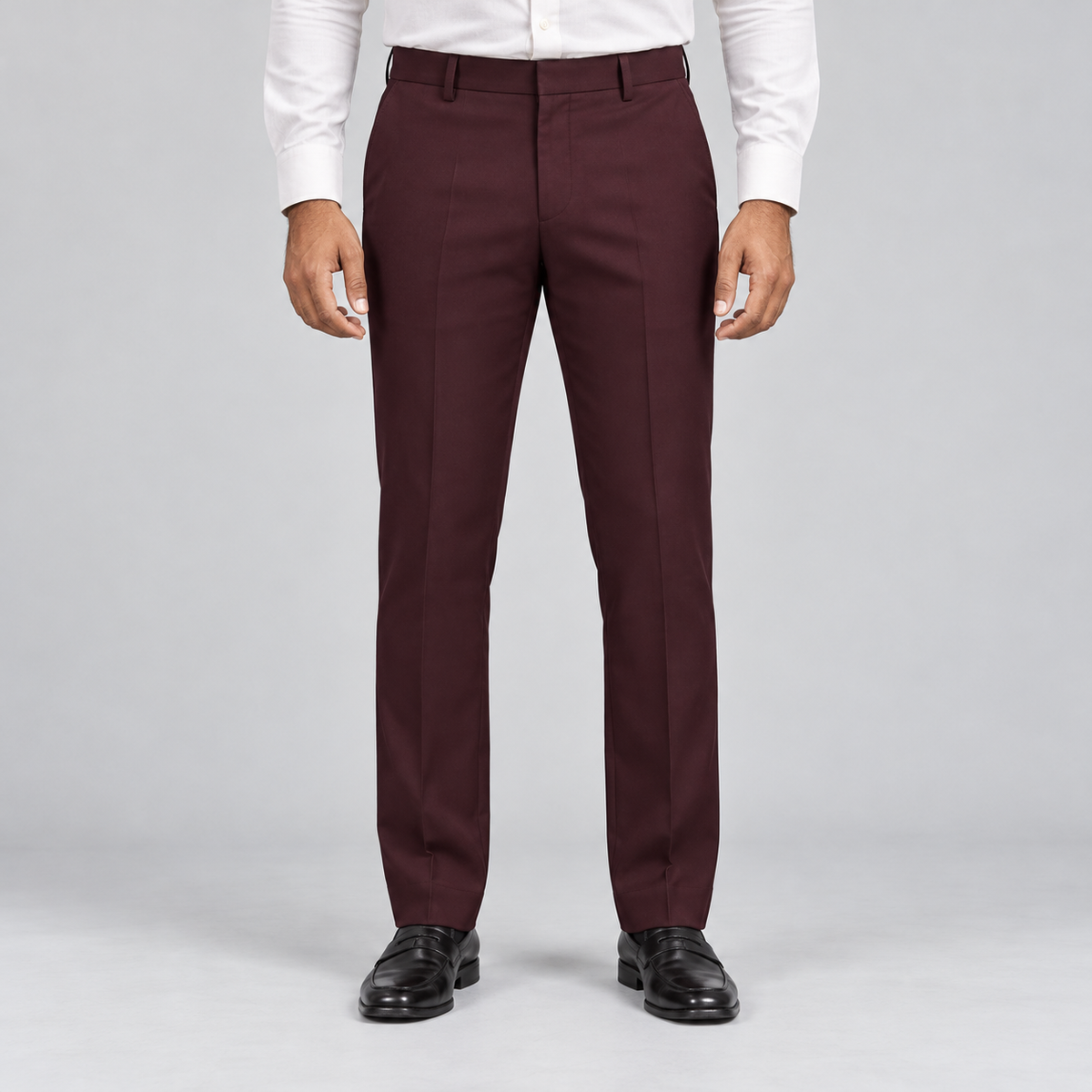 Plain Front Trousers - Burgundy — model wearing front