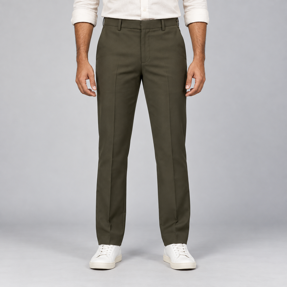 Plain Front Trousers - Olive — model wearing front