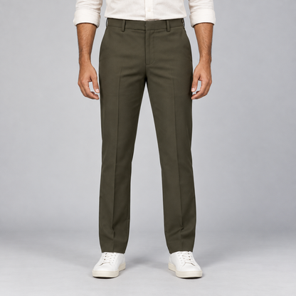 Plain Front Trousers - Olive — model wearing front