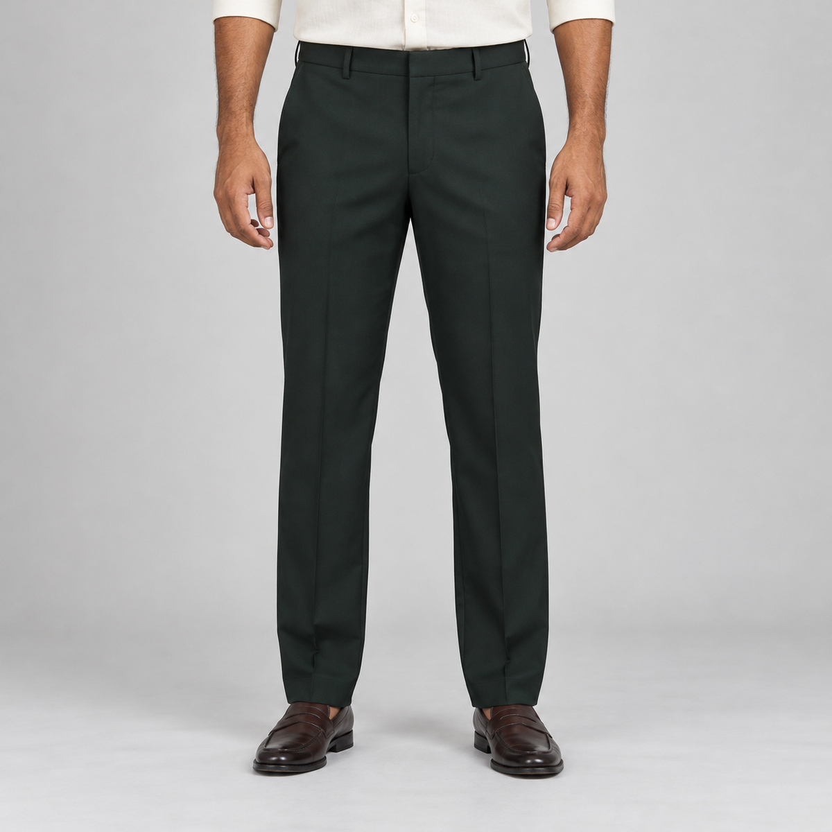 Plain Front Trousers - Forest Green — model wearing front