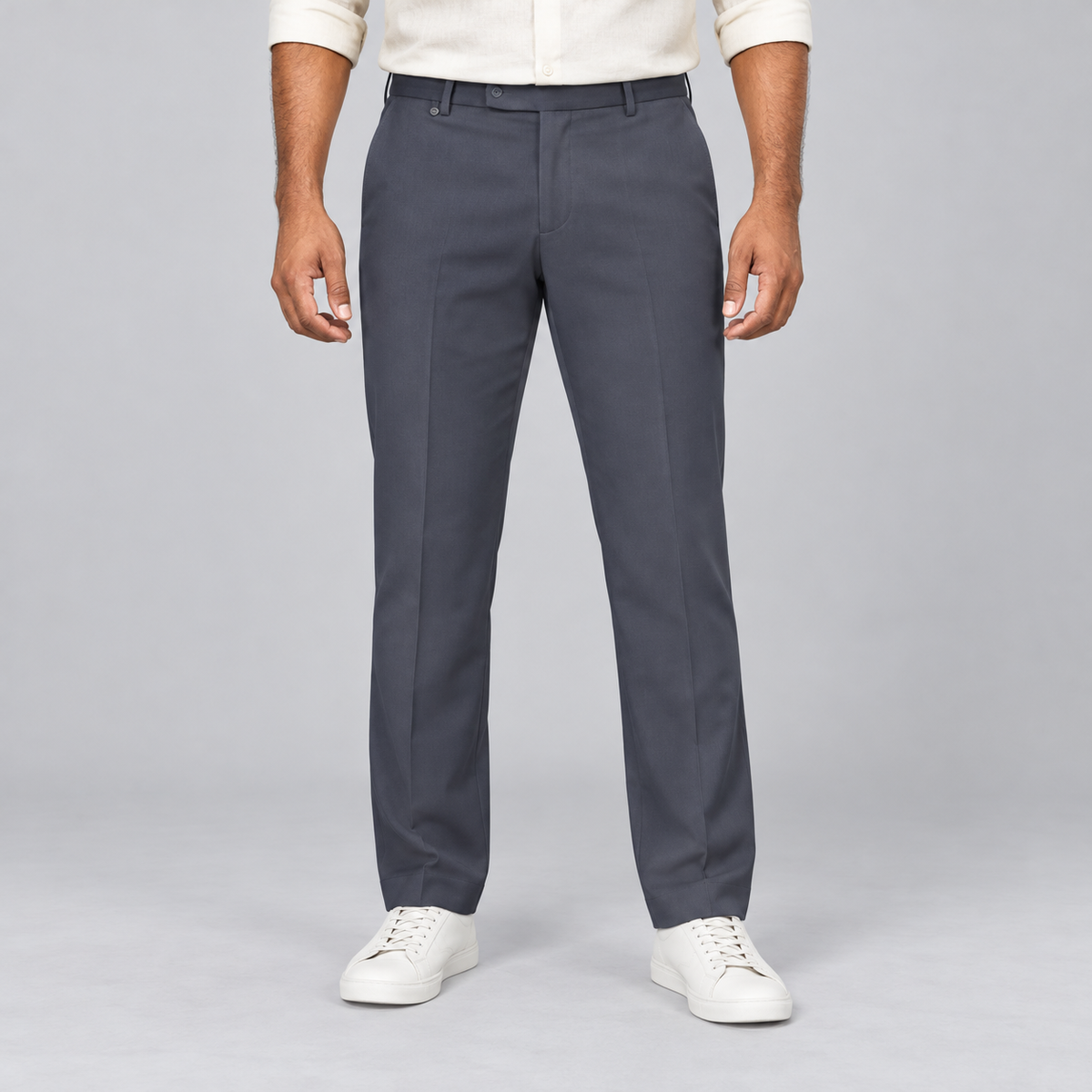 Plain Front Trousers - Slate Blue Grey — model wearing front