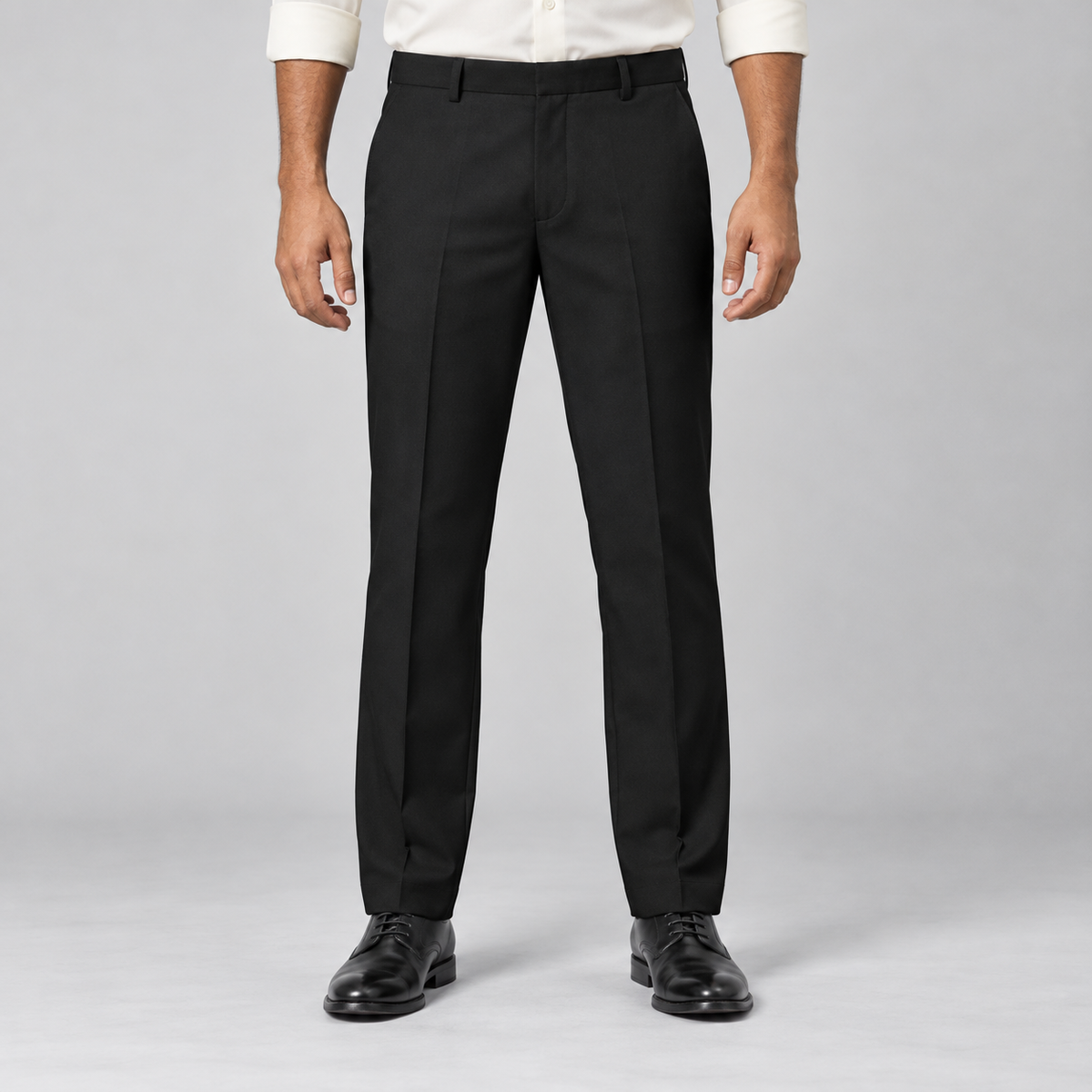 Plain Front Trousers - Black — model wearing front