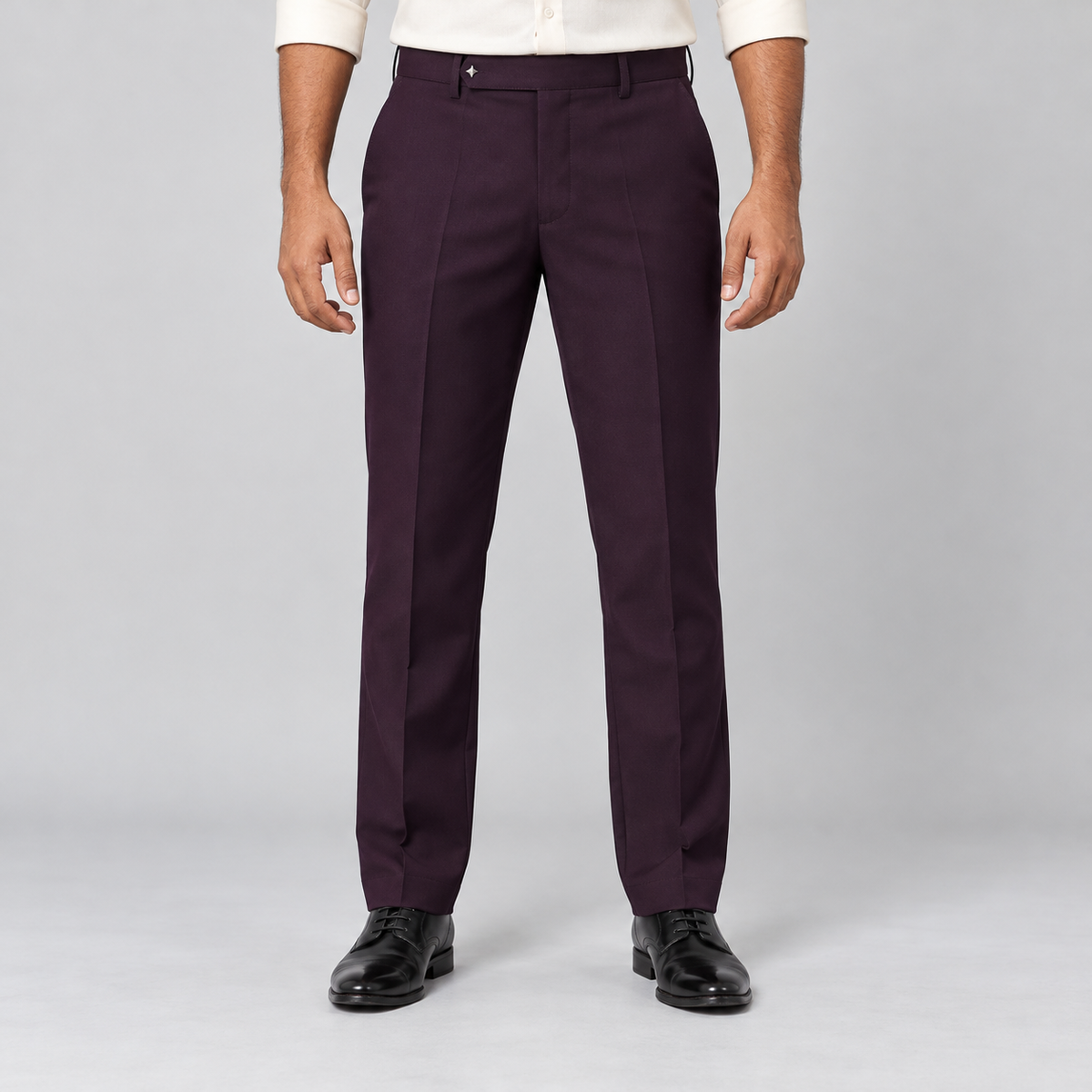 Plain Front Trousers - Deep Plum — model wearing front