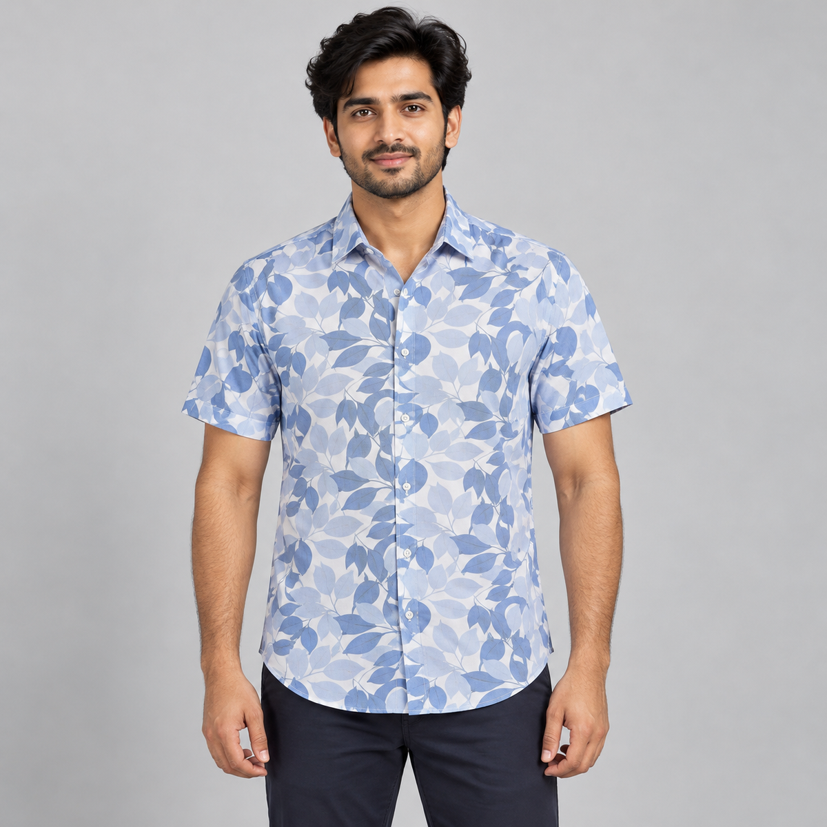 Leaf Print Half Sleeve Shirt - Blue White — model wearing front