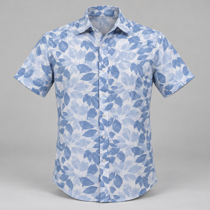 Leaf Print Half Sleeve Shirt - Blue White — product front