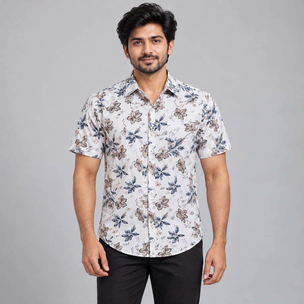 Floral Print Half Sleeve Shirt - White Beige Blue — model wearing front