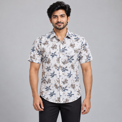 Floral Print Half Sleeve Shirt - White Beige Blue — model wearing front