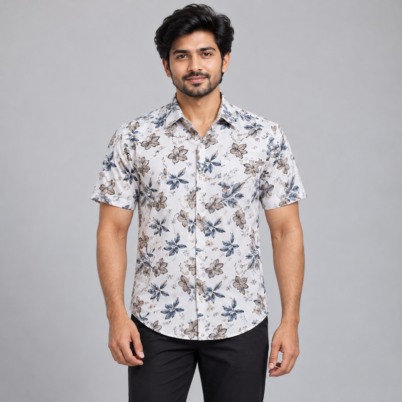 Floral Print Half Sleeve Shirt - White Beige Blue