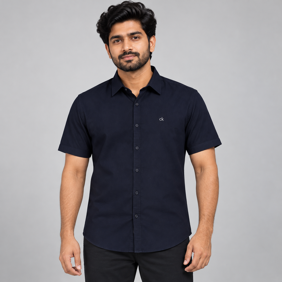 Chest Monogram Half Sleeve Shirt - Dark Navy — model wearing front