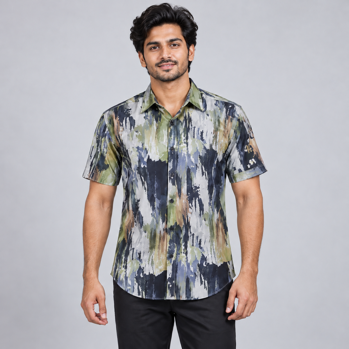 Abstract Print Half Sleeve Shirt - Olive Navy Grey — model wearing front