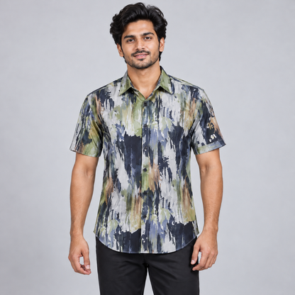 Abstract Print Half Sleeve Shirt - Olive Navy Grey — model wearing front